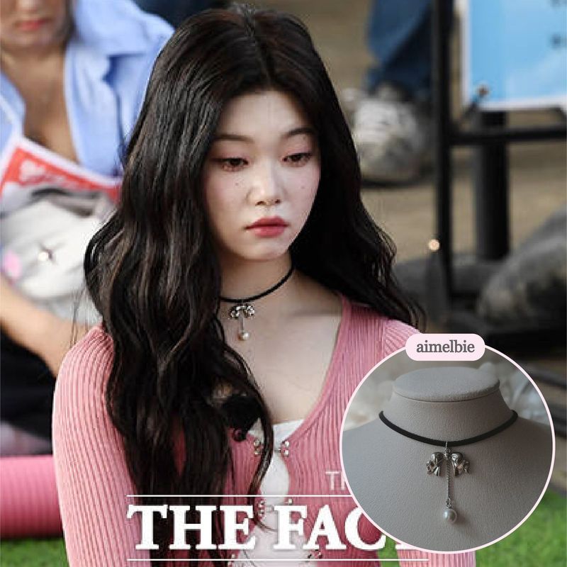[IVE Wonyoung Necklace] Romantic bow and pearl drop choker - Silver Color