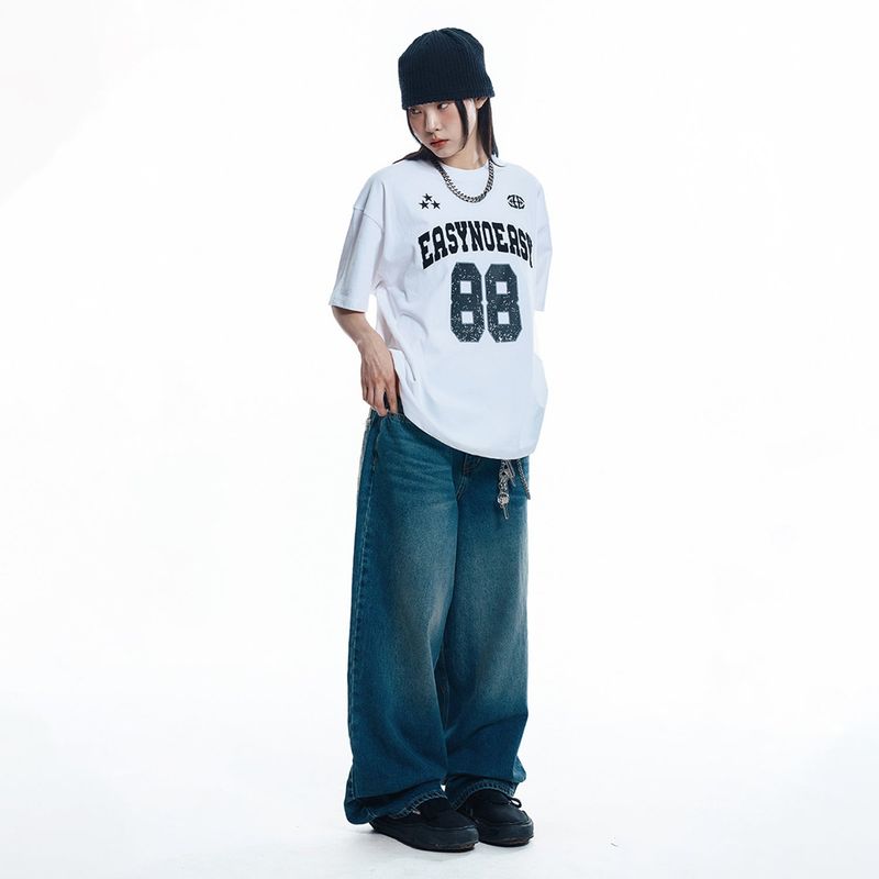 Lettering Wide Denim Pants - DEEP BLUE