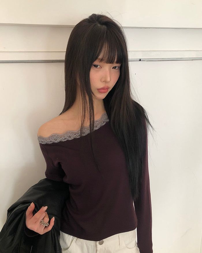 Enu Lace Lip-Neck Long Sleeve T-Shirt