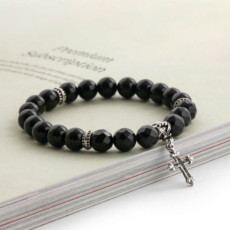 C22SVB-1002 Natural Stone Black Cutting Cross Onyx Bead Bracelet