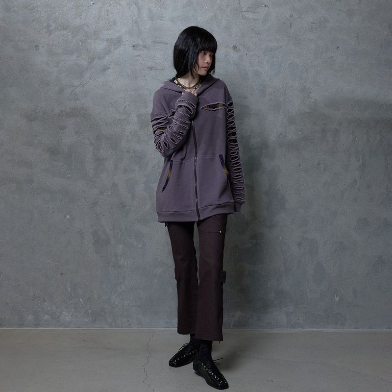 SLASHED CHECK HOODIE: PURPLE