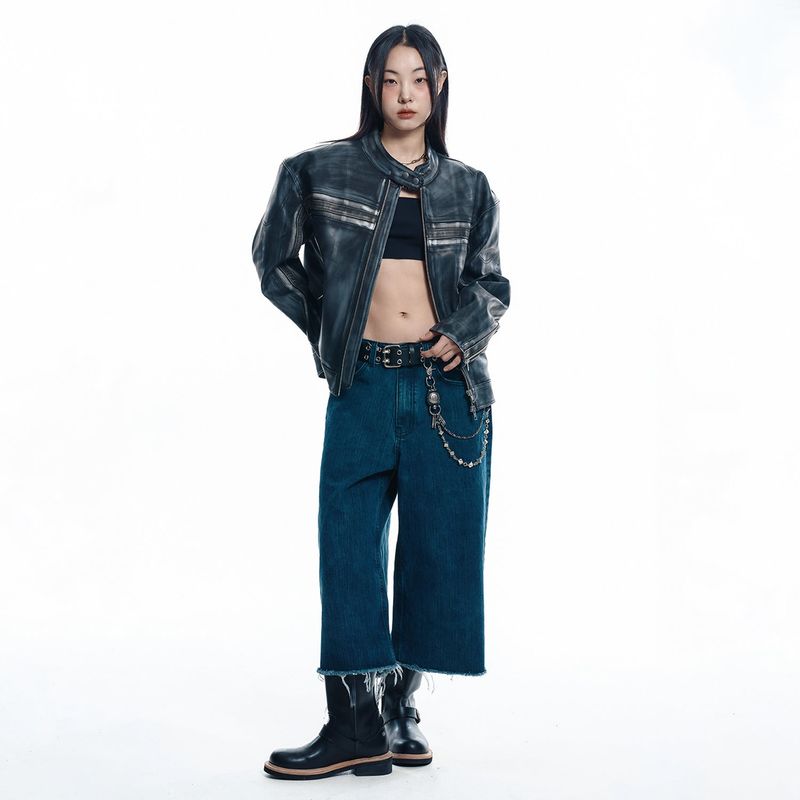 Cut-off Capri Denim Pants - DEEP BLUE