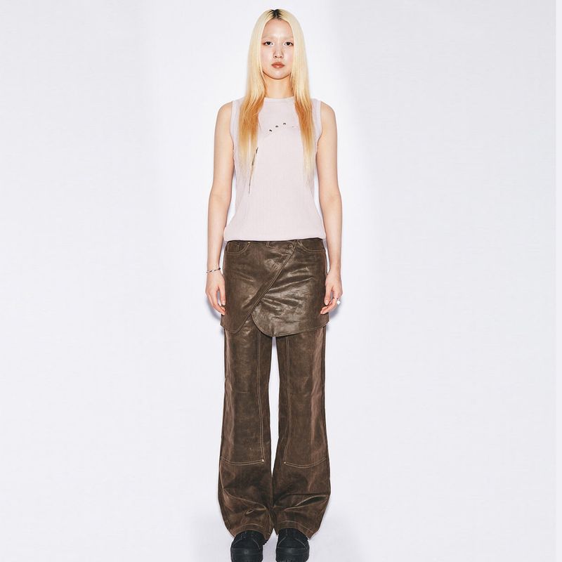 GYEOL（ギョル）の「Eco Leather Semi-boots cut pants [brown]（Pants）」