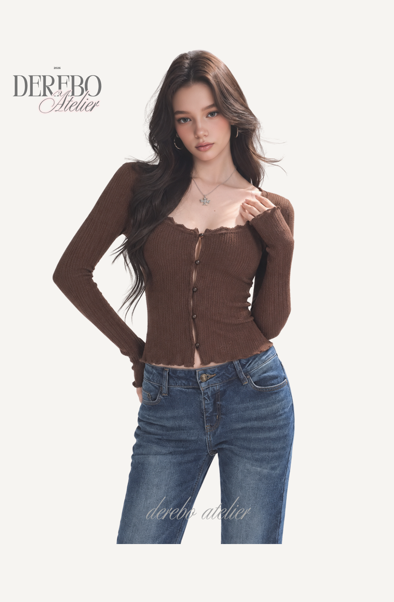 Jacquard square-neck knit long-sleeve cardigan