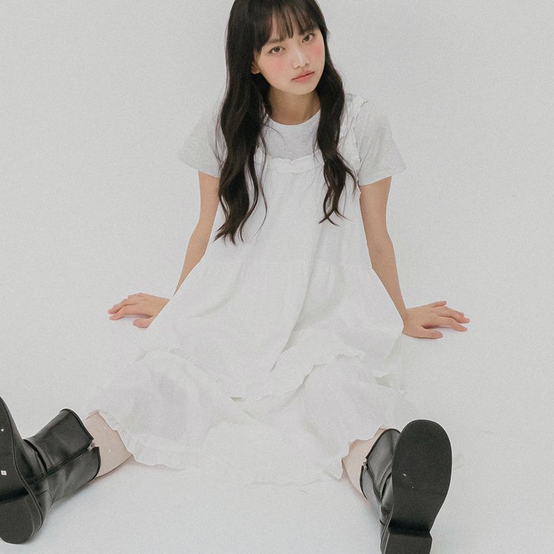 mellotory（メロートリー）の「FRILL LAYER LONG ONE-PIECE (WHITE)（Dresses）」