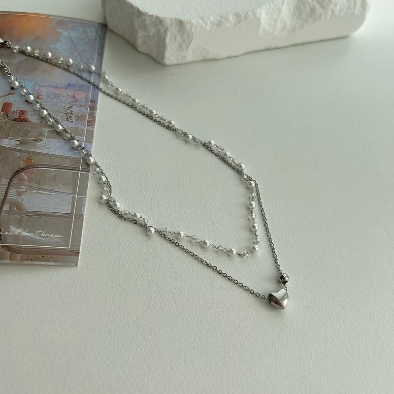 tyu Pearl Beads Heart Ball Scenic Steel Titan Choker Short Layered Guest Necklace