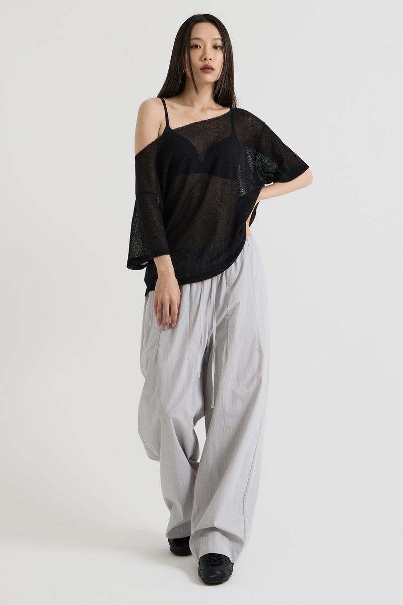 Knit one-shoulder t-shirt, Black