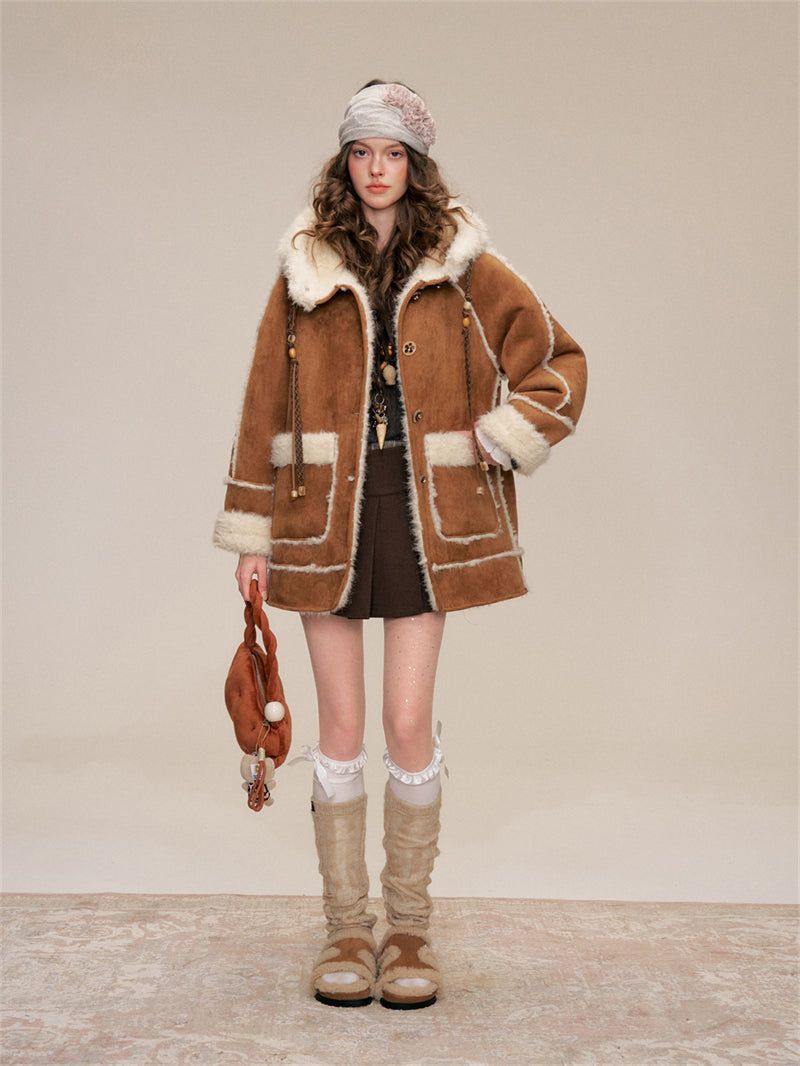 Flower Button Duffle Shearling Coat