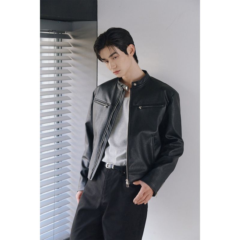 Essential cracked leather biker jacket(Black)