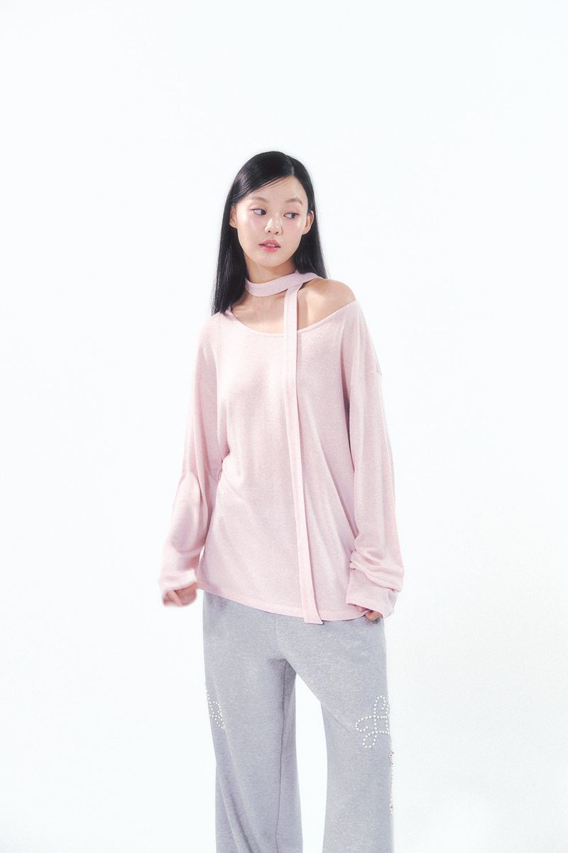 Knit Tie Long Sleeve Set Pink