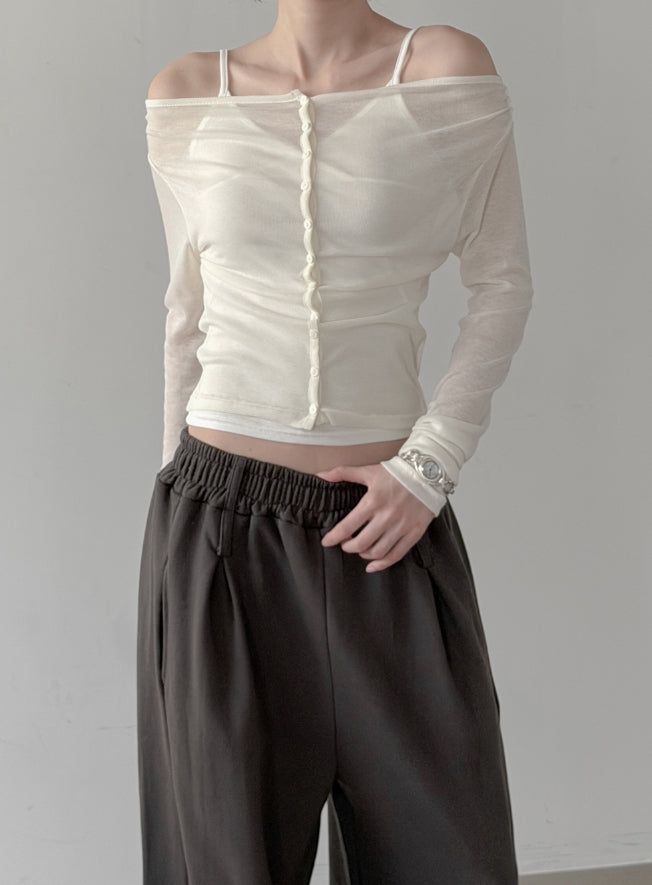 mnem（ムネム）の「Bellin See-through Off-Shoulder Cardigan（Tops）」