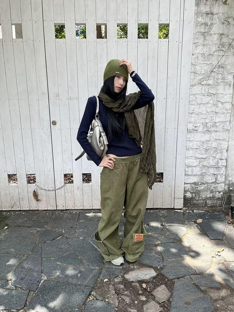 Khaki Cargo Wide Leg Straight Pants
