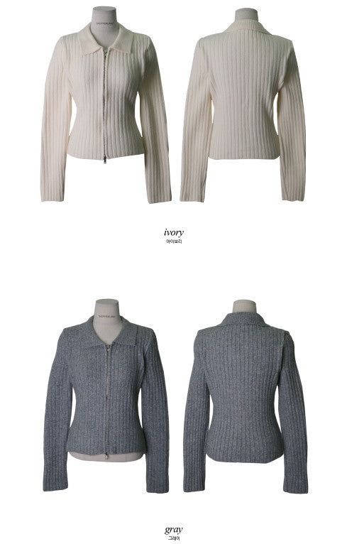 AZ Collar Crop Knit Zip-up (4color)