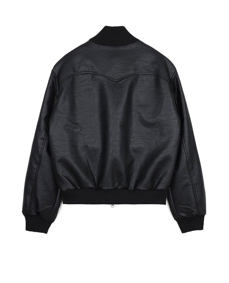 High Neck Leather Crop Jacket - Black