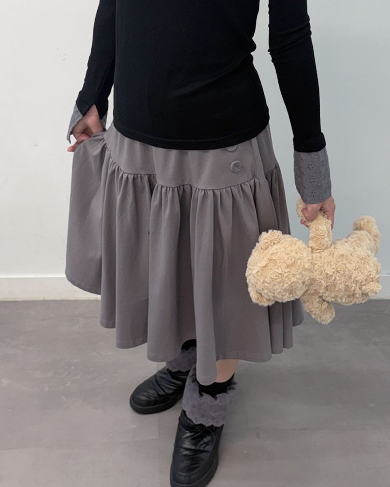 Lace Button Shirring Skirt (light grey)