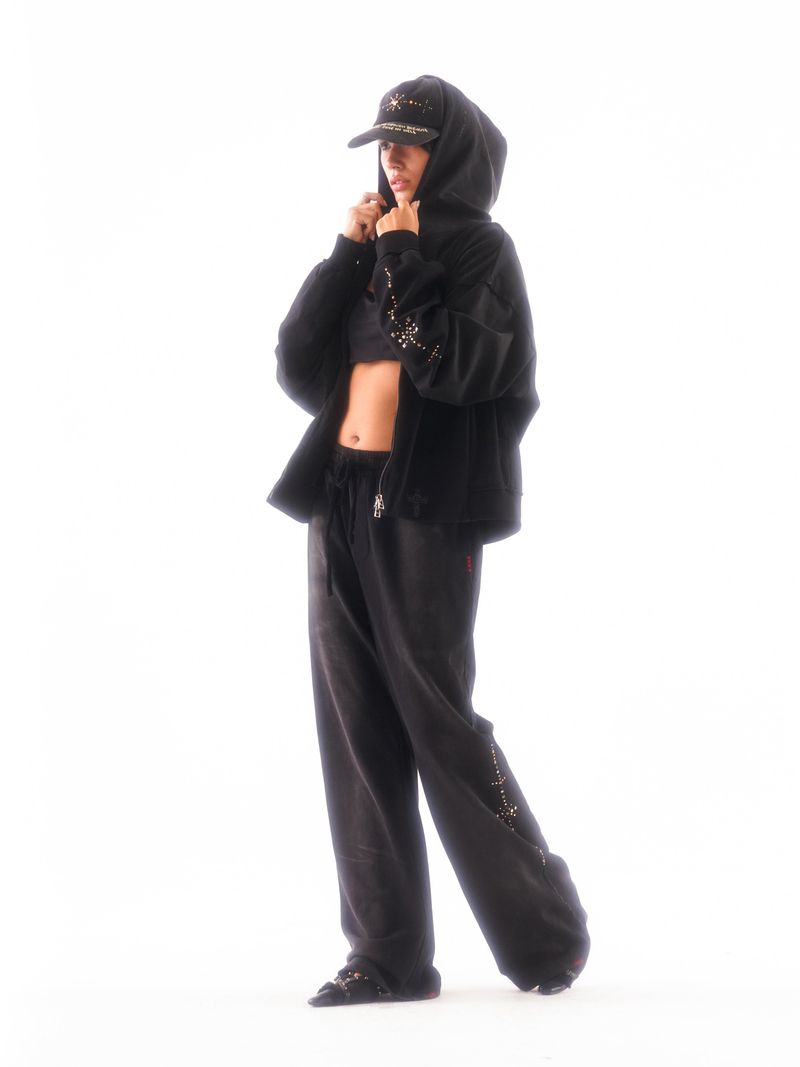 WASHED DISTRESSED RANDOM STITCH HOT-STUDDED DRAWSTRING SWEATPANTS