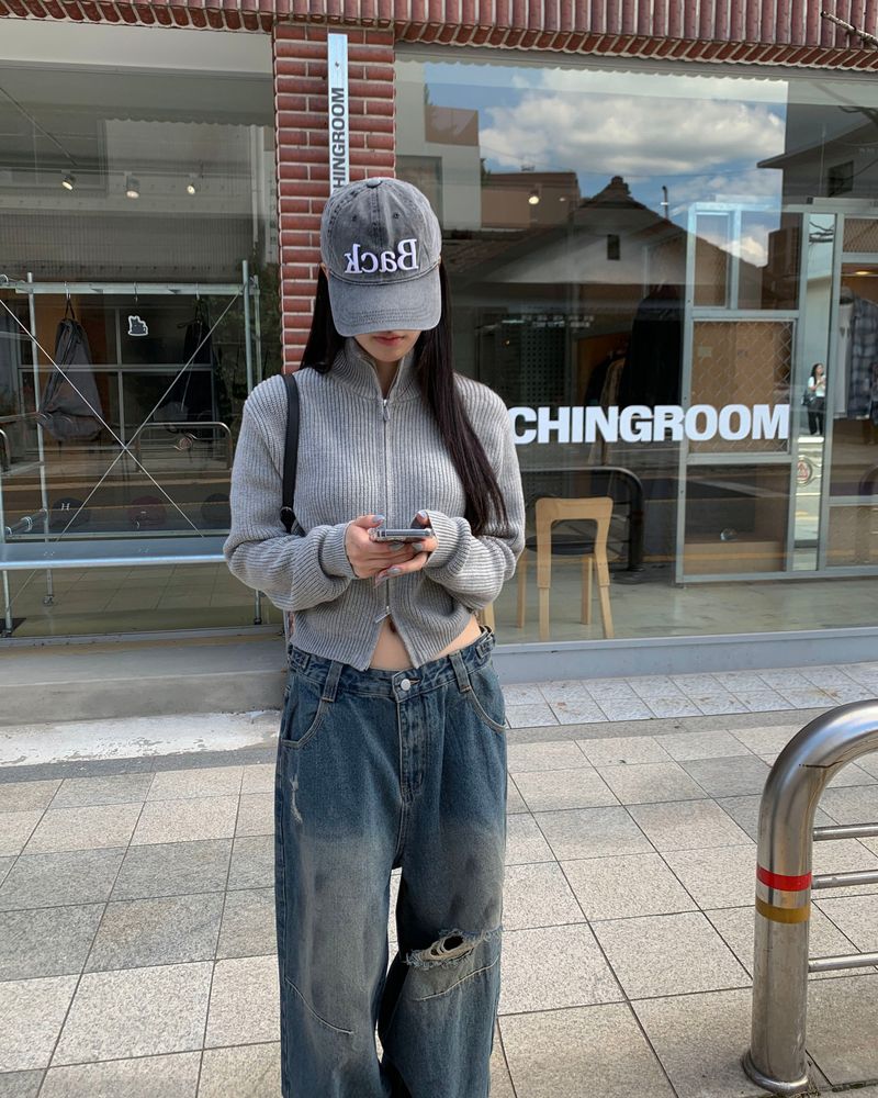 (Unisex) ボタンダメージデニムパンツ