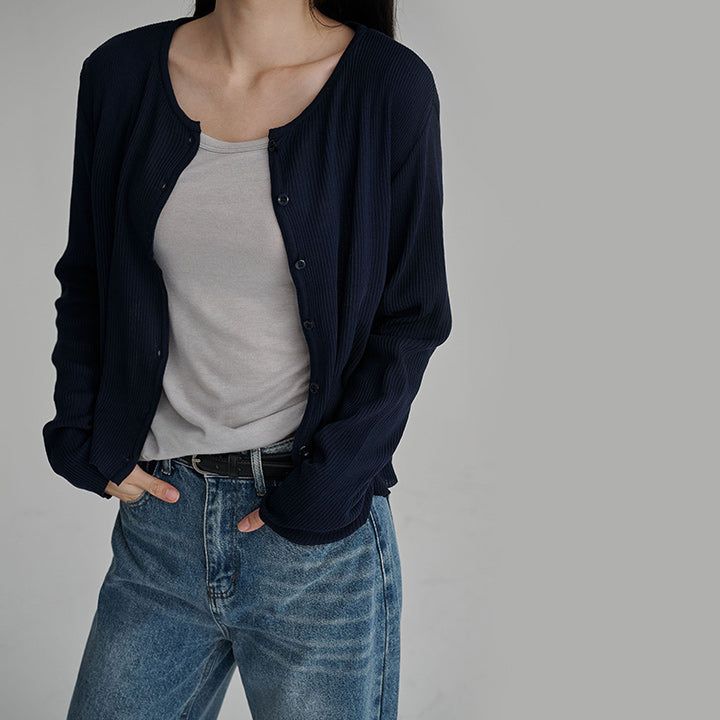 [Lavern] Ribbed Round-Neck Long-Sleeve Cardigan - 6 Colors