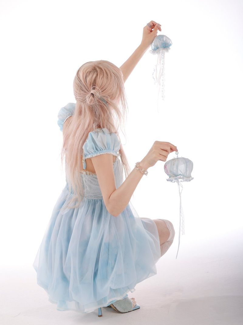 Rose Island Jellyfish Series Moonlight Girl Patchwork Lace Mesh Dress with Built-in Puffy Skirt