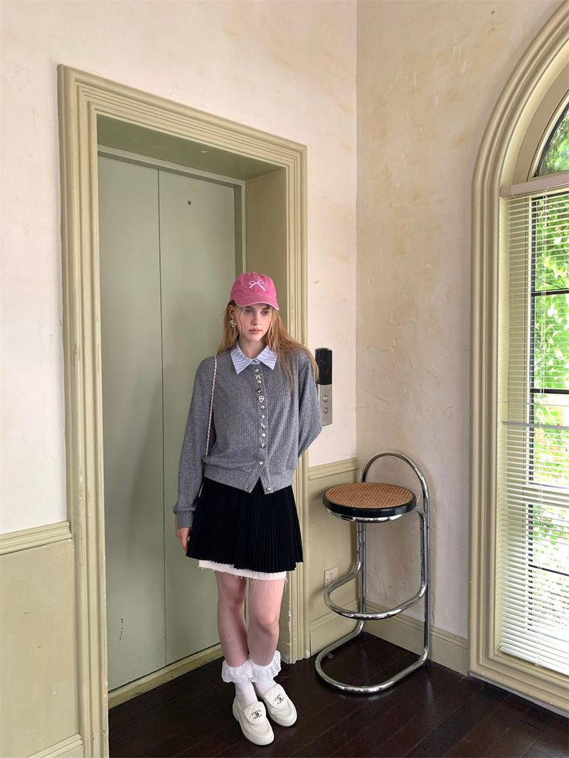 Brooklyn Silver Grey Button Craft Stripe Collar Knit Cardigan