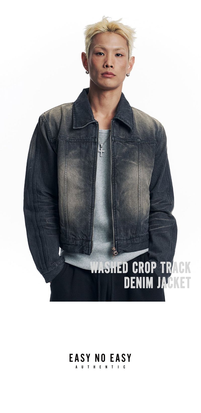Washed Crop Track Denim Jacket - Black