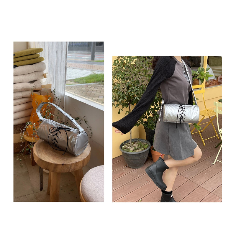 2WAY BELTED STRAP BARREL BAG SMALL_GLOSSY SILVER