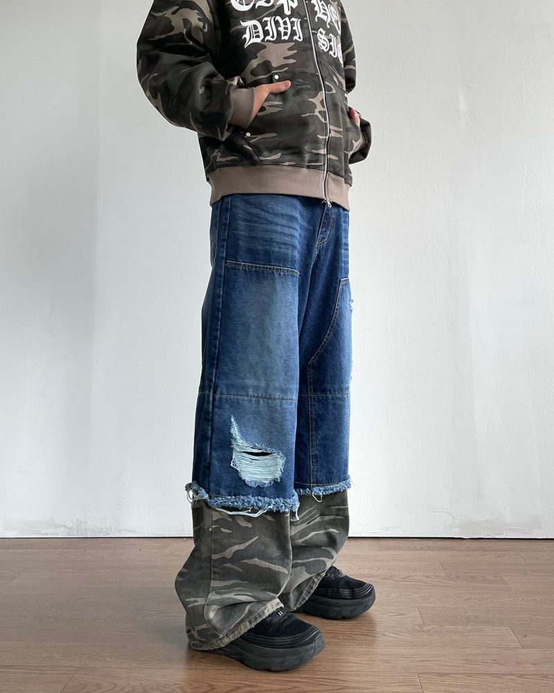 Destroyed Layered Camo Denim Pants