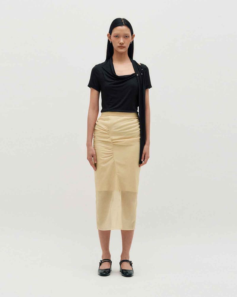 KIMZISU（キムジス）の「Sheer Shirring Slit Skirt _ YELLOW（Skirts）」