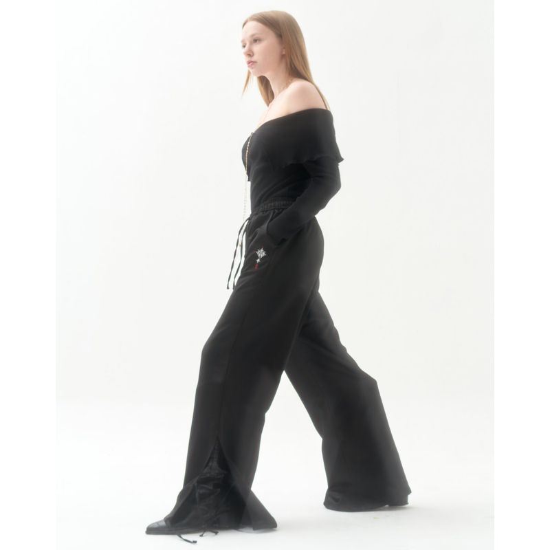 211-RIBBON SLIT SATIN PANTS
