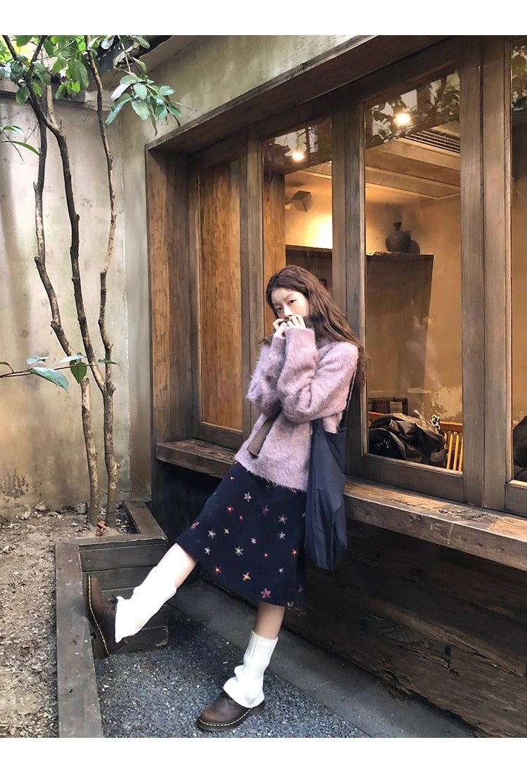 floral embroidered flare wool midi skirt