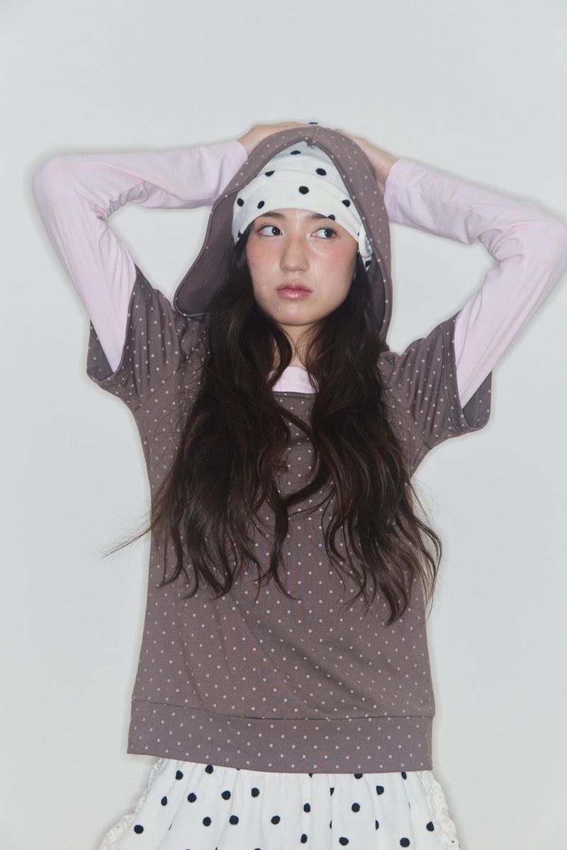 COOKIE LAYERED HOODIE TOP (BROWN / PINK)