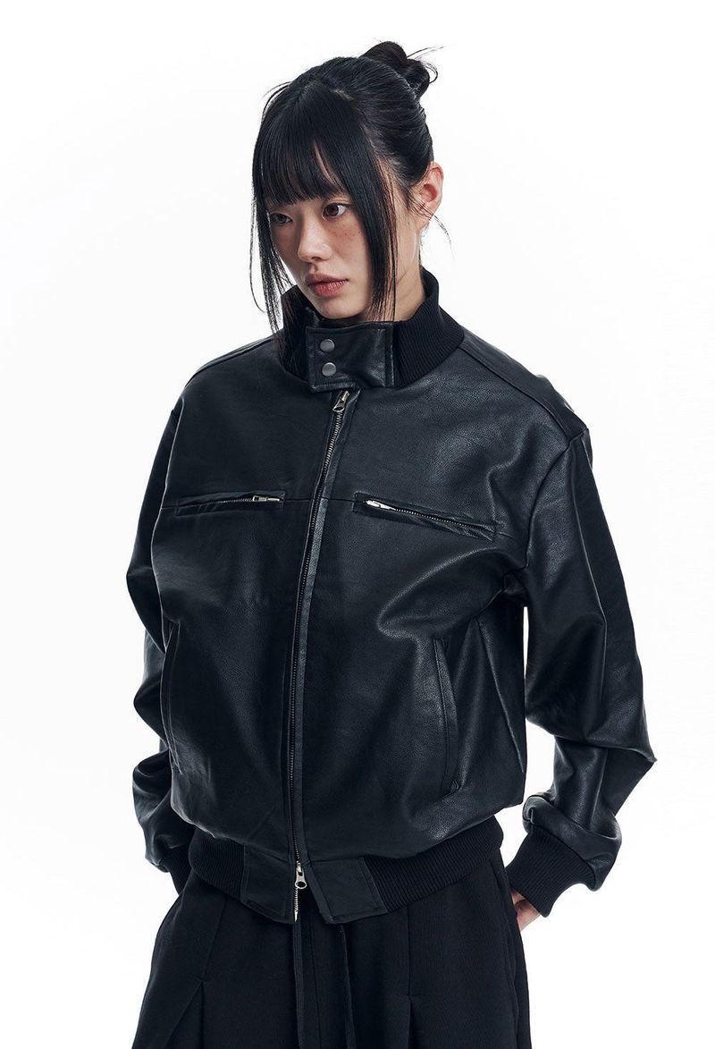 High Neck Leather Crop Jacket - Black