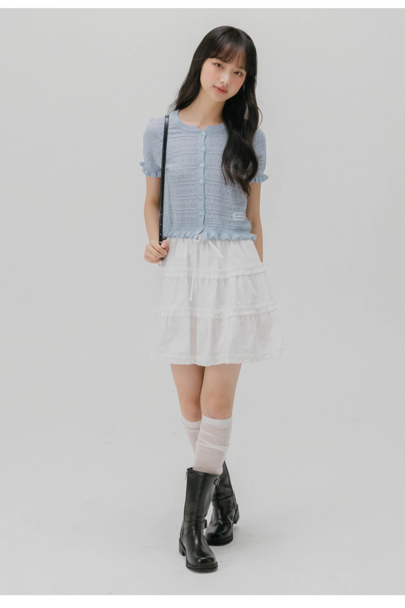 CROCHET SHORT-SLEEVED KNIT CARDIGAN (LIGHT BLUE)