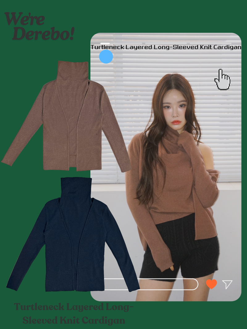 Turtleneck Layered Long-Sleeved Knit Cardigan