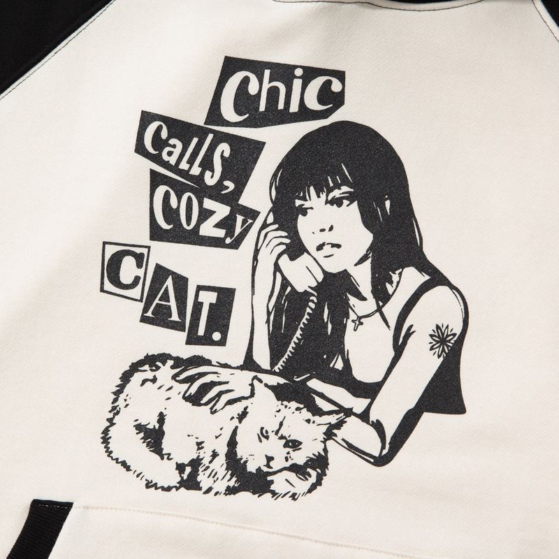 COZY CAT RAGLAN HOODIE (BLACK BEIGE)