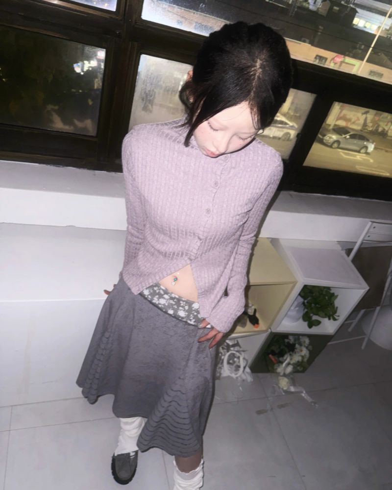 (2color) Flower Mix Stripe Flare Skirt