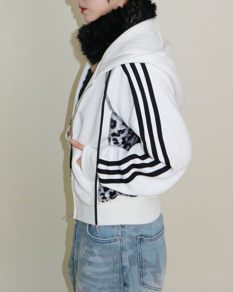 Kai Leopard Coloring Two Lines Cropped Napping Hood Zip-Up (Napping Lining)