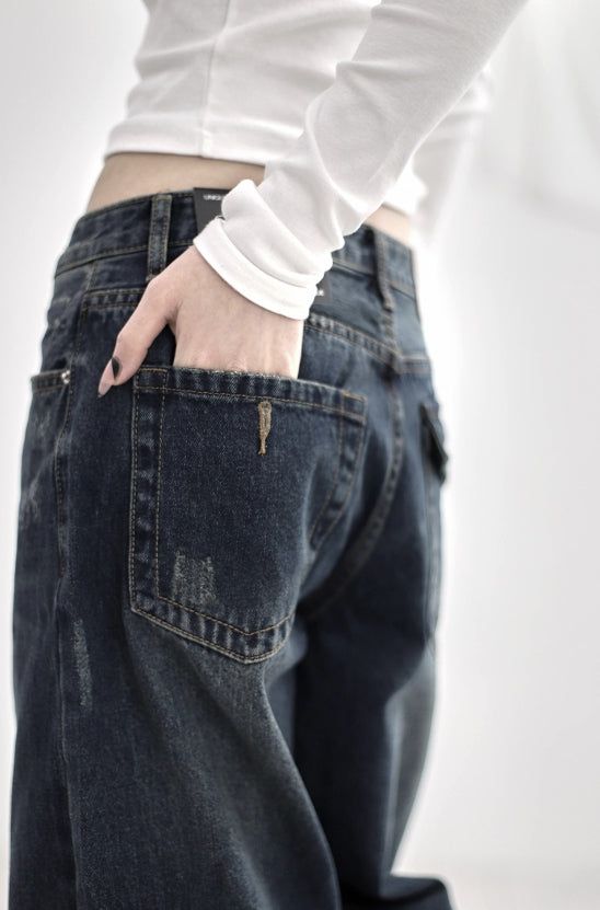 Cuffed cat washing denim pants