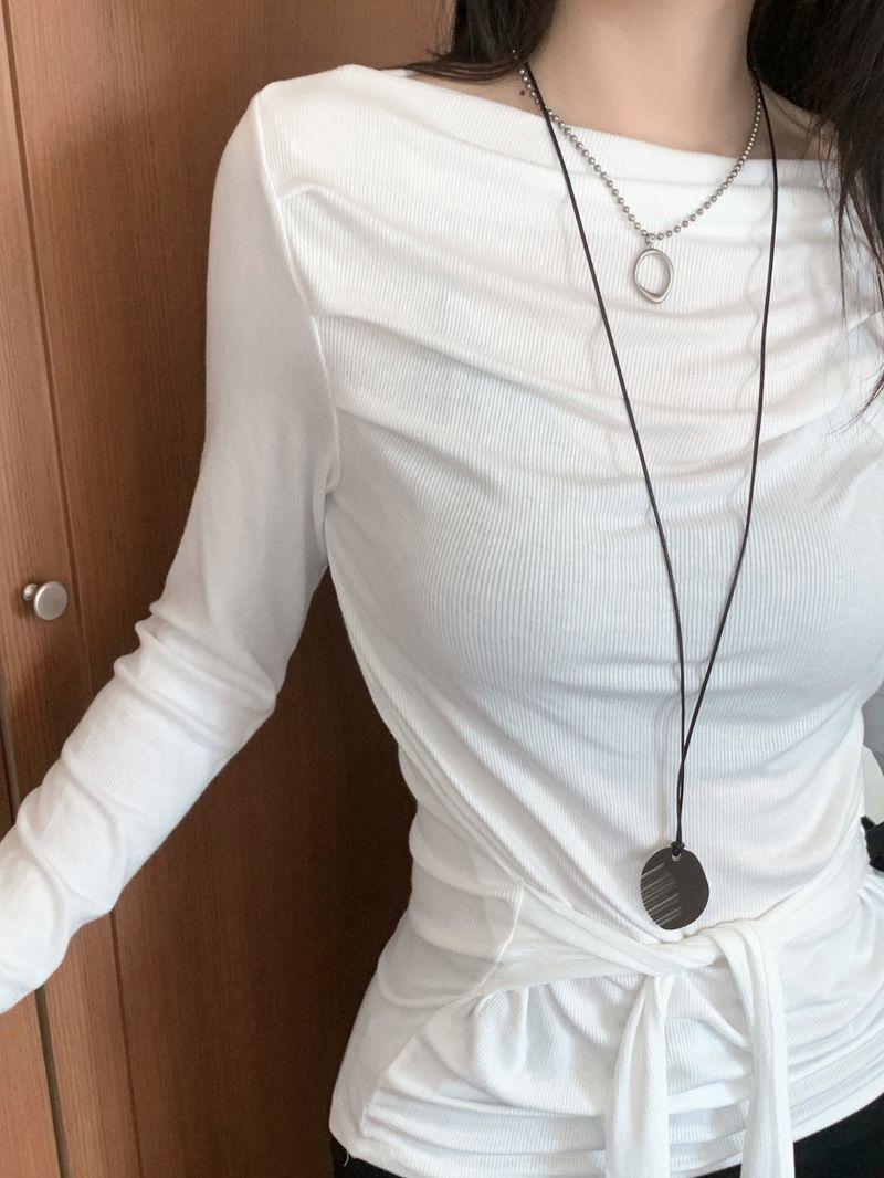 Loving Front Wrap Tie Boat Neck Long Sleeve Tee 