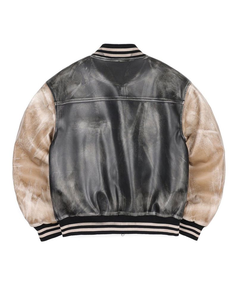 Dirty Washed Leather Varsity Jacket - Black