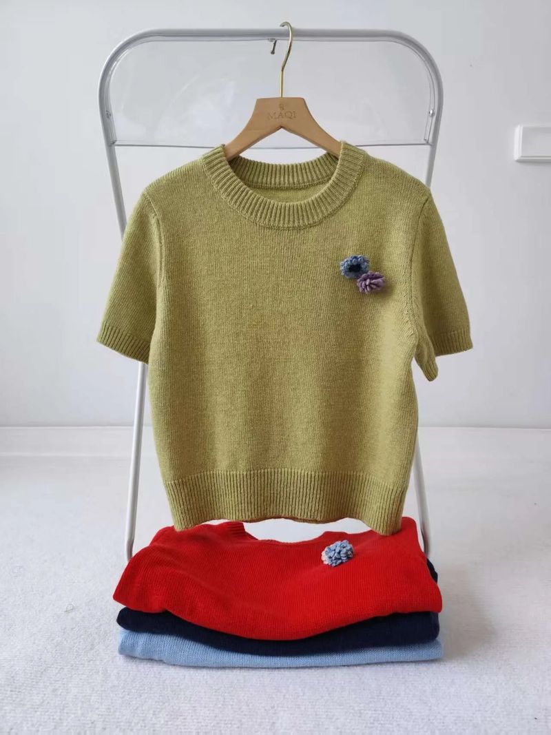 [1+1 Special] Tours Flower Decor Round Neck Wool Short Sleeve Knit