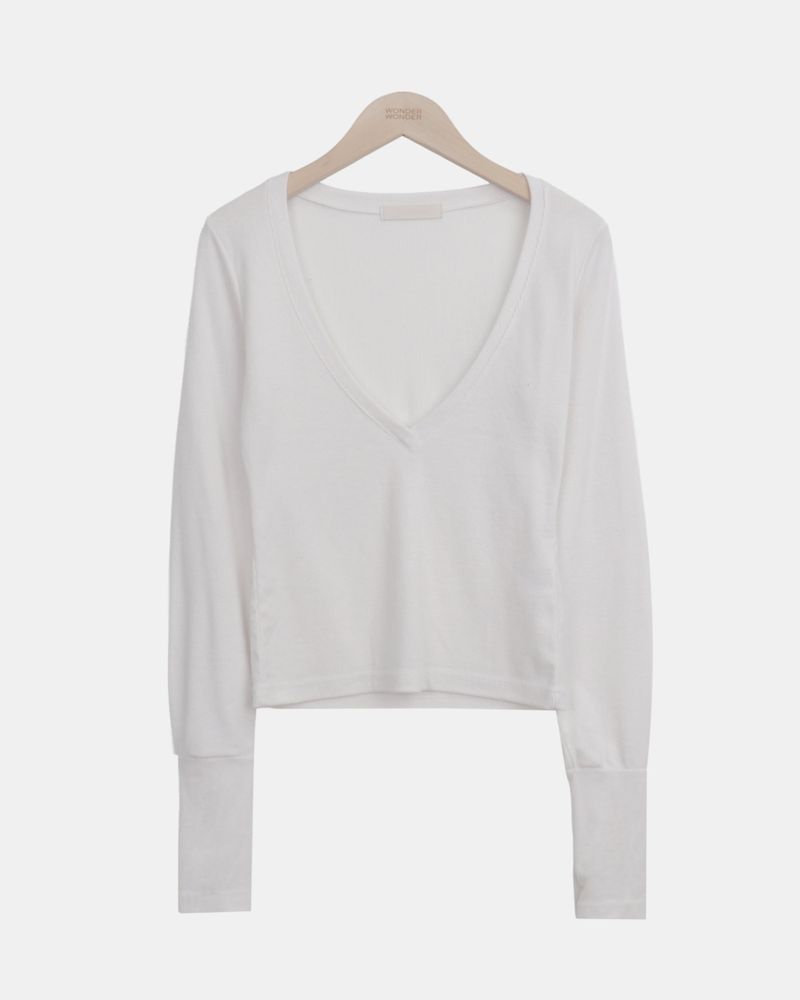 Poin Deep V-Neck Button-Sleeve Long-Sleeve T-Shirt