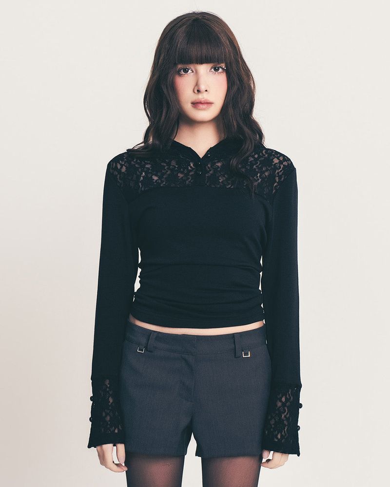 button lace hoodie top long ver. / black