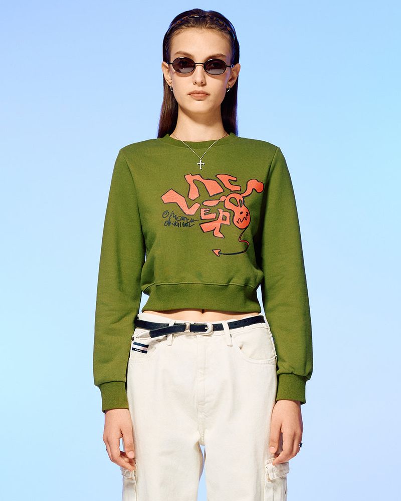 DEVIL HEAD LOGO CROP SWEATSHIRT-OLIVE