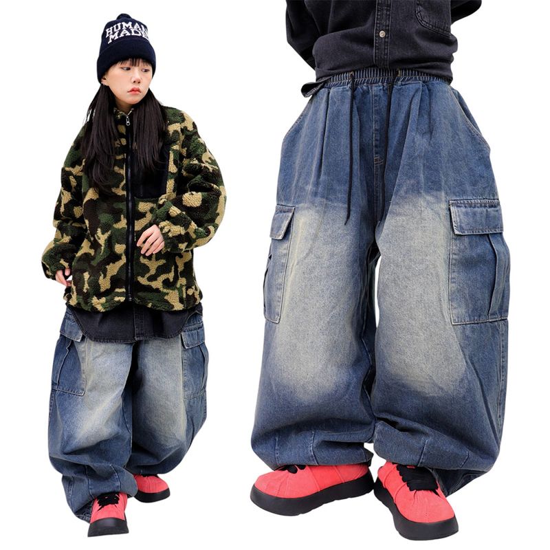 Vintage-Washed Denim Cargo Balloon Pants
