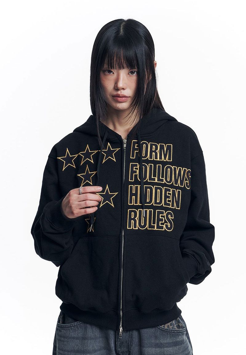 Star Lettering Patch Hoodie Zip-Up - Black