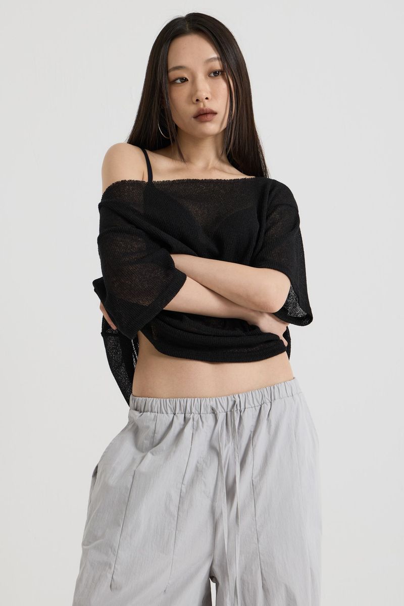 Knit one-shoulder t-shirt, Black