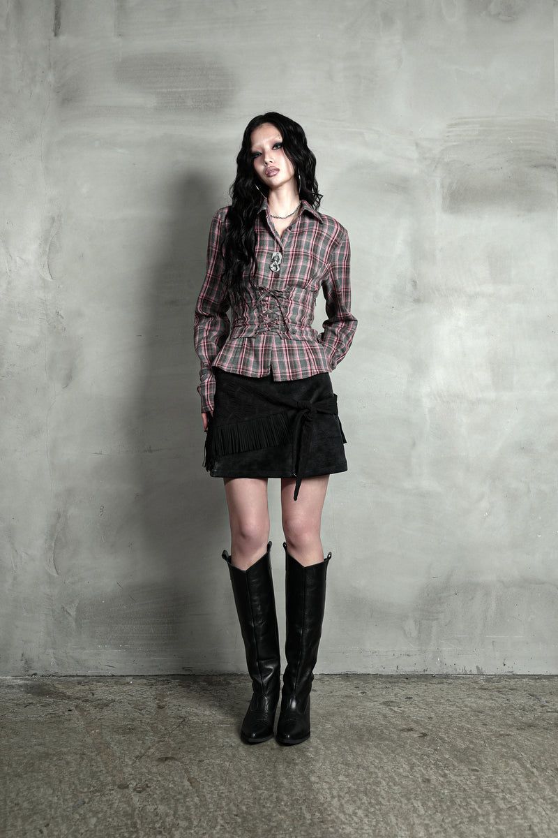 CHECK CORSET SHIRT #PINK GRAY