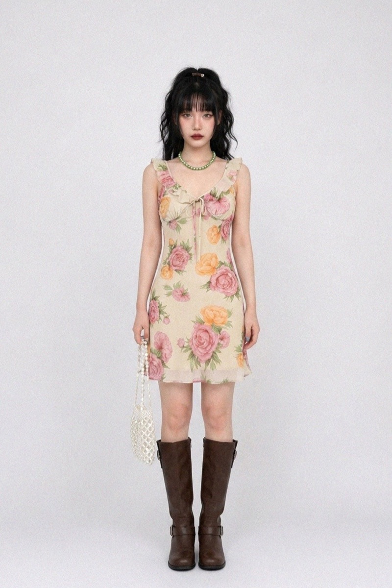 VINTAGE ROSE RUFFLE-STRAP MINI DRESS