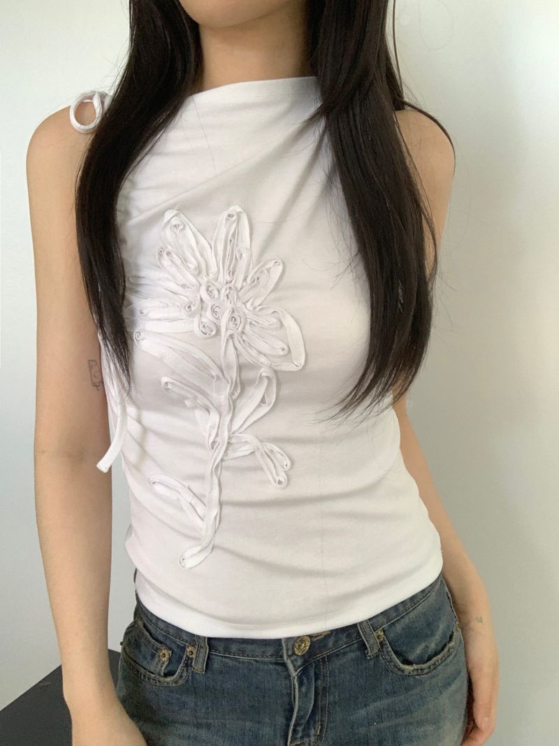 Warren Flower Embroidered  Shirred Sleeveless